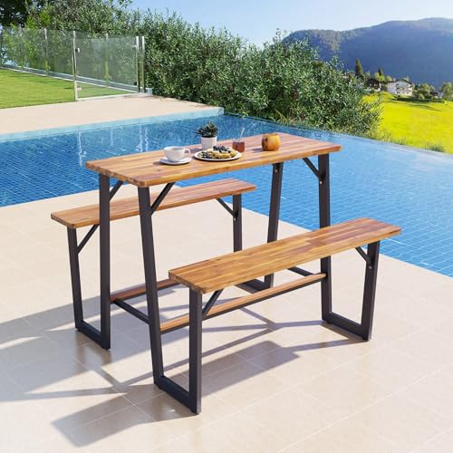 Giantex 4.5FT Picnic Table Bench Set for 4, Acacia Wood Outdoor Dining Table Set, 2" Umbrella Hole, Heavy Duty Metal Frame, Footrest Bar, Large Rectangular Tabletop for Porch Patio Lawn Garden - size: 54"×49.5"×39.5"