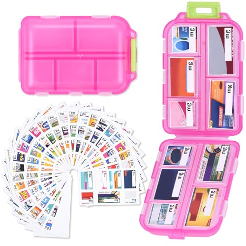 Large Travel Pill Box with 189 Medicine Labels, 10 Compartments Travel Medicine Organizer Medicine Pill Organizer Travel Essentials Pill Organizer with Stickers (Pink, 1 Pack) - color: Pink, size: Large