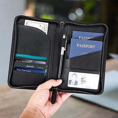 Polare Full Grain Leather Passport Holder With YKK Zipper RFID Blocking Travel Document Organizer Ticket Holder Cover Case Holds 2 Passports (Carbon Black) - color: Carbon Black