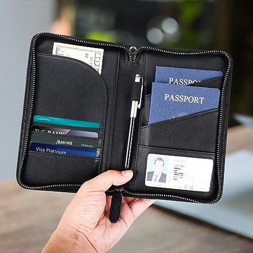 Polare Full Grain Leather Passport Holder With YKK Zipper RFID Blocking Travel Document Organizer Ticket Holder Cover Case Holds 2 Passports (Carbon Black) - color: Carbon Black
