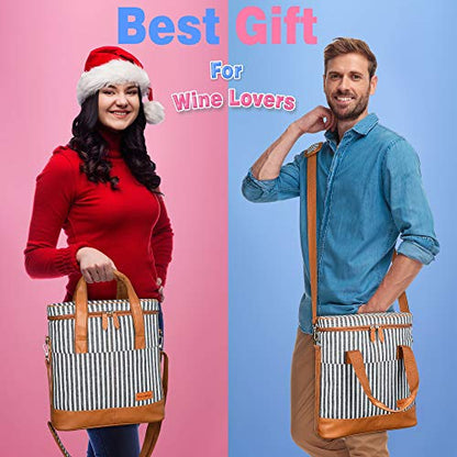 Tirrinia Insulated Wine Gift carrier - 3 Bottle Travel Padded Wine Carry Cooler Tote Bag with Handle and Adjustable Shoulder Strap, Black Stripe - color: Black Stripe