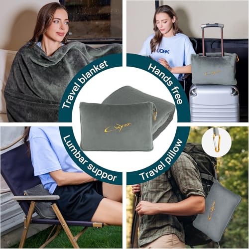 Travel Blanket and Pillow Set for Airplane, 300 GSM Soft Fleece Compact Travel Blanket with Inflatable Pillow and Carry Bag, 60x43 Inches, Grey - color: Grey