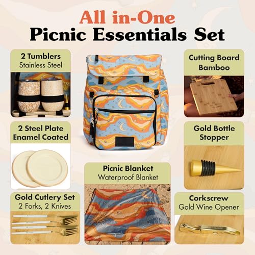 Lax & Daisy Travel Picnic Backpack for 2 Persons - 14 Piece Set Cooler Bags Insulated for Beach, Camping, Hiking & Parks with Blanket, Tumblers, Plates, Gold Cutlery & Cutting Board (Sun Moon Print) - color: Starry Seas