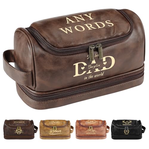 Personalized Toiletry Bag for Men, Engraved Name & Text, Father's Day Birthday Gifts for Men, Dad, Leather Men's Toiletry Bag for Traveling, Customized Gifts for Husband, Grandpa, Lover (DarkBrown) - color: DARKBROWN