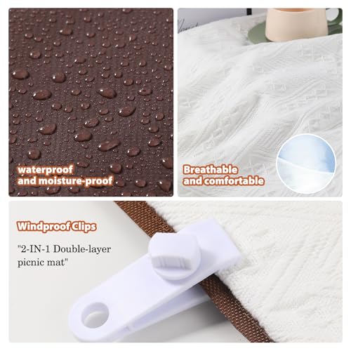 2-in-1 White Picnic Blanket, Extra-Large Waterproof Picnic Mat,Outdoor Blanket for Camping, Beach, Park,Portable Double-Layer Design (71"x71",T-Grid) - color: White-t-gird