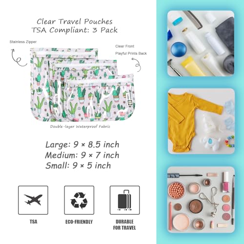 HIONXMGA TSA Approved Toiletry Bag, Set of 3 Clear Travel Toiletry Bag Quart Size Zipper Travel Pouch, Waterproof Makeup Cosmetic Bag for Women Men Kids Toiletries Carry on, Cacti A - color: Cacti a, Mixed Sizes