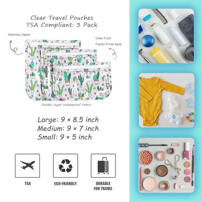 HIONXMGA TSA Approved Toiletry Bag, Set of 3 Clear Travel Toiletry Bag Quart Size Zipper Travel Pouch, Waterproof Makeup Cosmetic Bag for Women Men Kids Toiletries Carry on, Cacti A - color: Cacti a, Mixed Sizes