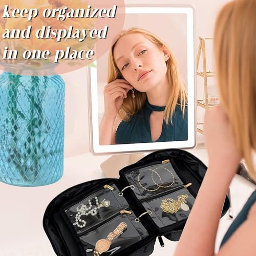 Travel Jewelry Organizer Case,Jewelry Bags for Traveling, Jewelry Binder with 24 Pcs Clear Zipper Velvet Pouches for Storing Earrings, Rings, Necklace, Bracelet, Watch (Black) - color: Black