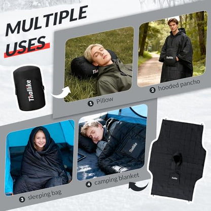 Camping Blanket with Zipper Pocket, 85'' x 61'' Large Wearable Hooded Blanket, Ultralight Warm Sleeping Bag, Windproof Camping Poncho for Outdoor Stadium Sports Gaming Hiking Picnic Concerts - color: Black