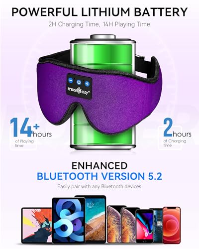 MUSICOZY 3D Bluetooth Sleep Mask with HD Stereo Sound, Wireless Sleep Headphones for Side Sleepers, Music Headband Eye Mask for Sleeping, Relaxation, Travel, Yoga, Cool Gadgets for Women Mom Girls - color: Grape Purple