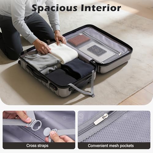 Coolife Carry On Luggage Airline Approved with Spinner Wheels, Hard Shell Suitcase TSA Lock Lightweight Travel Luggage 20-inch,Gray - color: gray, size: Small(20in)