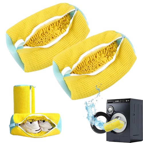 2 Pack Shoe Washing Machine Bag Shoe Washing Bag Shoe Mesh Laundry Bags Shoe Bags for Travel Reusable Shoe Cleaning Bag for All Shoe Sizes (Yellow) - color: Yellow