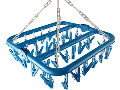 Clip and Drip Hanger Clothes Hanger Drying Rack 32 Clips (Blue) - color: Blue