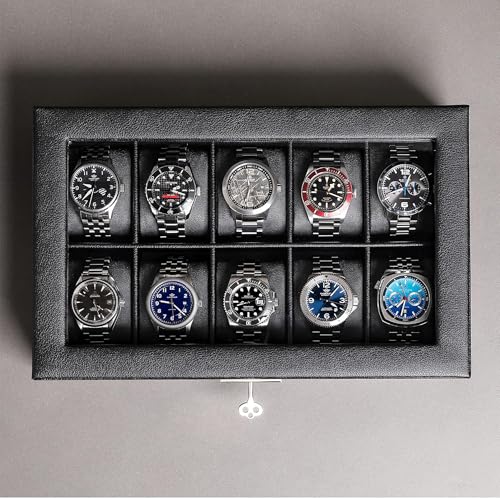 ROTHWELL 10 Slot Leather Watch Box - Luxury Case Display Jewelry Organizer - Locking Watch Display Case Holder with Large Glass Top - Box Organizer for Men and Women (Black/Grey) - color: Black / Grey