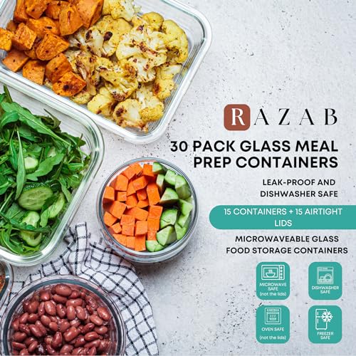 Razab 30 PC Glass Food Storage Containers with Lids - Reusable Glass Meal Prep Containers for Lunch and Leftovers - Airtight & Leakproof Snap Locking Lids - Oven, Freezer, Microwave, Dishwasher Safe - color: Black