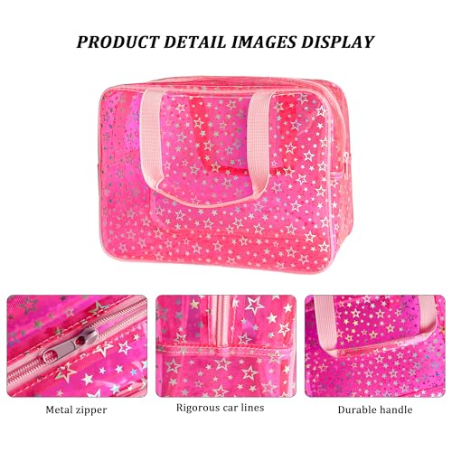 Clear Star Large Cosmetic Bag and Travel Pouch with Handle,Durable Material,Zipper Design-Ideal for Makeup,Travel Essentials (Pink+Shiny Star) - color: Pink+Shiny Star