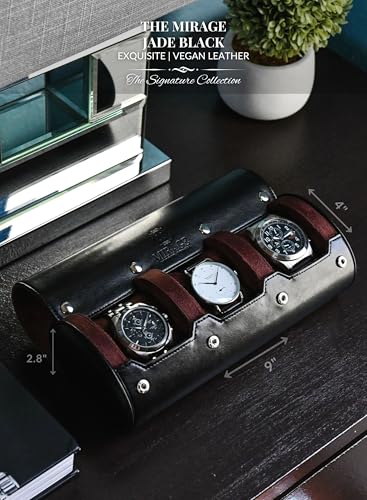Watch Roll Case Organizer - Watch Travel Case for Men and Women - 3 Watch Carrying Case and Display - Jade Black with Mahogany Brown Interior Vegan Leather - color: Jade Black 3-watch case