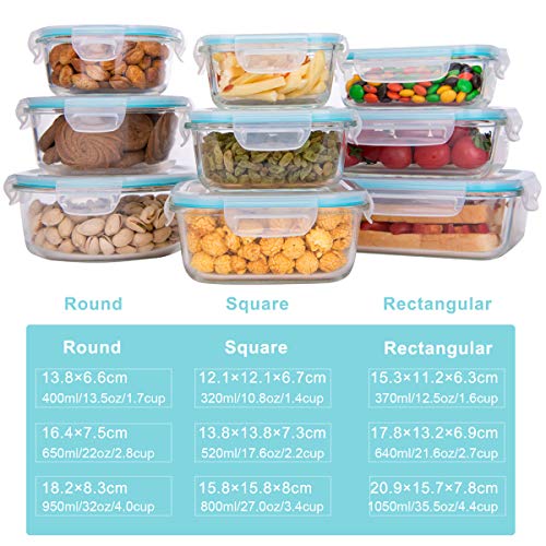AILTEC Glass Food Storage Containers with Lids, [18 Piece] Glass Meal Prep Containers Set, Airtight Leak Proof, Oven Freezer Dishwasher Safe, BPA Free (9 Lid & 9 Container) - color: clear