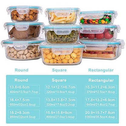 AILTEC Glass Food Storage Containers with Lids, [18 Piece] Glass Meal Prep Containers Set, Airtight Leak Proof, Oven Freezer Dishwasher Safe, BPA Free (9 Lid & 9 Container) - color: clear
