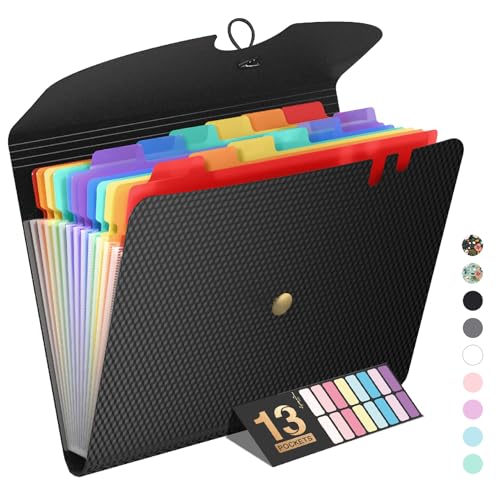 Sooez Expanding File Folder, 13 Pocket Accordion File Organizer, Monthly Expandable File Folder for Documents with Labels, Portable Bill Receipt Organizer for School Office Supplies, Letter A4 Size - color: Black-rainbow Sleeves