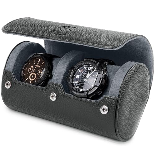2 Watch Travel Case for Men – Leather Roll Organizer & Storage Box, Fits Watches up to 55mm | Removable Cushions | Gift Ready (Black/Grey) - color: Black / Grey