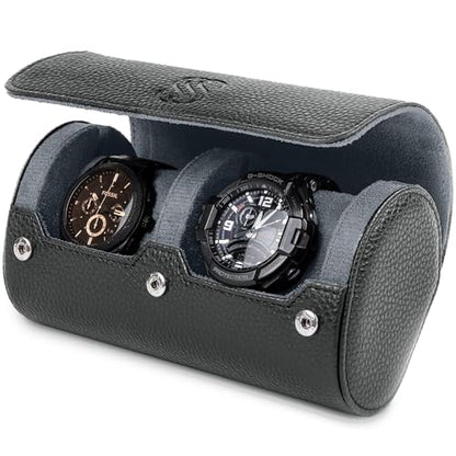 2 Watch Travel Case for Men – Leather Roll Organizer & Storage Box, Fits Watches up to 55mm | Removable Cushions | Gift Ready (Black/Grey) - color: Black / Grey