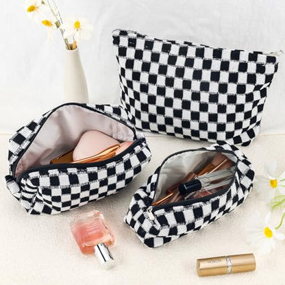 ZLFSRQ 3Pcs Checkered Makeup Bag for Women Large Small Checkered Cosmetic Bag Set Aesthetic Preppy Pencil Case Cute Pencil Pouch Black Makeup Pouch for Purse Travel Toiletry Bags Zipper Skincare Bags - color: B-Checkered 3Pcs Mix Black