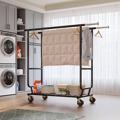 Raybee Clothes Rack Load 650LBS Heavy Duty Clothing Rack, Collapsible Clothes Racks for Hanging Clothes with Adjustable Height & Double Rods, Commercial Garment Rack with Wheels, Easy Assembly, Black - color: Black