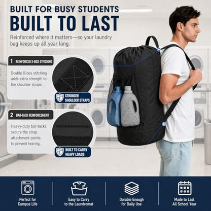 Backpack Laundry Bag Durable Polyster Laundry Backpack Bag with Shoulder Straps, Drawstring Closure & Mesh Pocket, Large Clothes Hamper for Dorm, Travel, Laundromat (Black) - color: Black