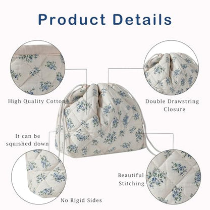Cotton Quilted Drawstring Makeup Bag with Canvas Lining,Coquette Aesthetic Cute Travel Toiletry Bag,Drawstring Gift Bag for Women and Girls（11Blue Flower） - color: 11Blue Flower