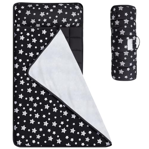 Toddler Sleeping Bag Nap Mat Black with Fleece Blanket, Lightweight, Soft Perfect for Toddlers Preschool, Daycare, Travel Sleeping Bag Boys Girls, 21" x 50" Fit Standard Cot - color: Black
