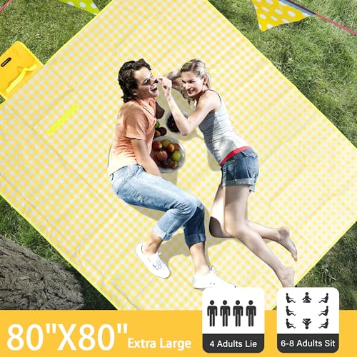 HX&OD Outdoor Picnic Blanket 80"X80" Picnic Mat Extra Large Camping Blanket Beach Blanket Foldable Waterproof Sand Mat Hiking Travel Family Concerts(Yellow) - color: Yellow, size: 80”x 80”