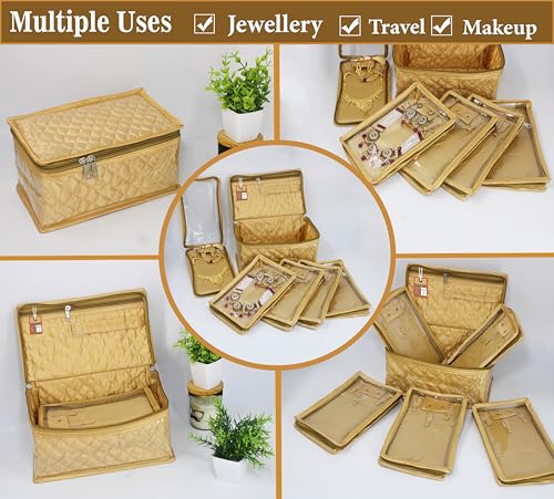 atorakushon Set of 5 Satin Makeup Pouches Cosmetic Necklace Earrings Vanity Jewellery Organizer For Women's (Golden) - color: Gold