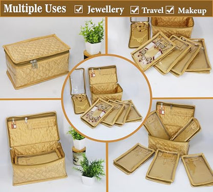 atorakushon Set of 5 Satin Makeup Pouches Cosmetic Necklace Earrings Vanity Jewellery Organizer For Women's (Golden) - color: Gold