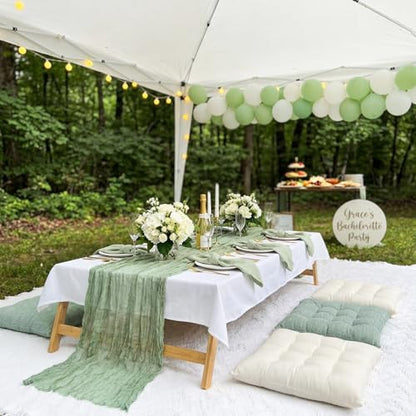 Extra Large Outdoor Picnic Blanket with Table Runner and Floor Pillow Cushion for Picnic Wedding Birthday Baby Shower Backyard(91 x 71'',Sage Green,White,6-Person) - color: Sage Green,white