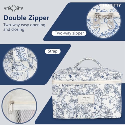 honitty Makeup Bag,Quilted Cosmetic Bags,Large Floral Make Up Organize bag,Makeup Bag Set for Women,Flower Travel Toiletry Bag - color: Blue