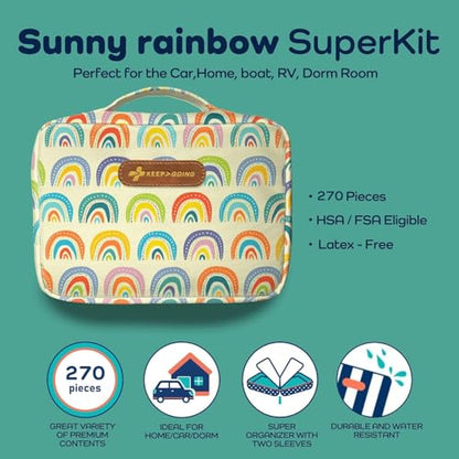 KeepGoing Large Home First Aid Kit for Kids – 270 Pc. for Car, Home, Dorm, & Boat with Latex-Free Bandages – 10 x 7 x 3.5 in. Travel First Aid Kit (Sunny Rainbow) - style: Sunny Rainbow