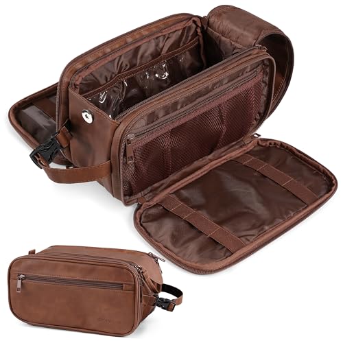 PAVILIA Toiletry Bag for Men, Hanging Travel Dopp Kit Organizer, PU Leather Water Resistant Bathroom Bag for Shaving Grooming, Large Capacity Cosmetic Bag Travel Essentials, Brown - color: Brown, size: Extra Large (12.5x6x7)