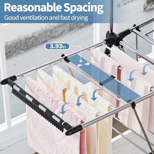 APEXCHASER Clothes Drying Rack with High Hanger, Foldable 3-Level Drying Racks with Shoe Rack, Crossbar and Vertical Rod Laundry Stand with Adjustable Wings Silver - color: Silver, size: 2 Wings