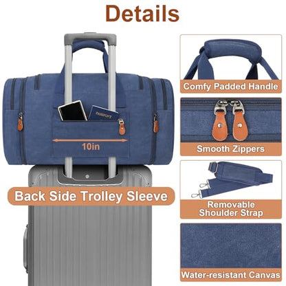 Canvas Mens Duffle Bag for Travel - Expandable 50L Weekender Bags with Toiletry Bag, Overnight Bag Travel Duffel Carry On Luggage with Removable Shoulder Strap, Durable & Water-Resistant - color: 6-Navy Blue