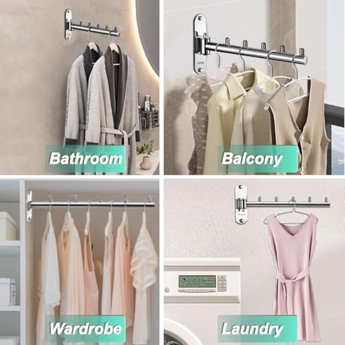 Clothes Hanger Rack Swing Arm, Folding Clothes Hanger Wall Mounted Space Saving Drying Rack, Stainless Steel 304 Laundry Room Valet Hook Holder, Foldable Hanging Hook Rod (Silver)