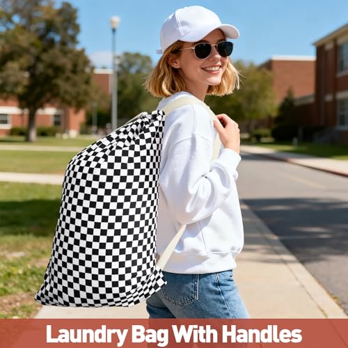 Laundry Bag, Dirty Backpack Laundry Bag For College Travel Laundromat Apartment, With Handles 29" X 18" (Black White Checkered) - color: Black White Checkered