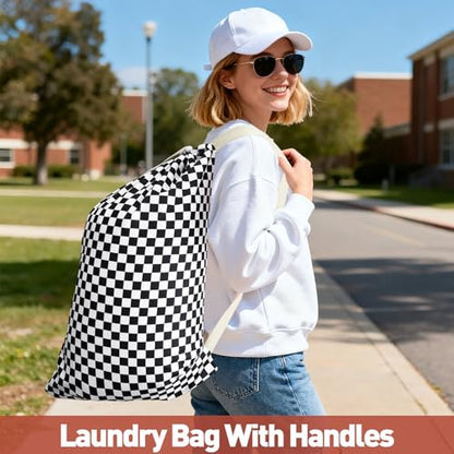 Laundry Bag, Dirty Backpack Laundry Bag For College Travel Laundromat Apartment, With Handles 29" X 18" (Black White Checkered) - color: Black White Checkered