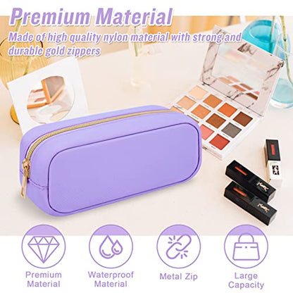 Preppy Nylon Makeup Bag, Slim Compact Pouch - Waterproof Zipper for Travel, Teens & Women (Purple) - color: Purple, size: Slim