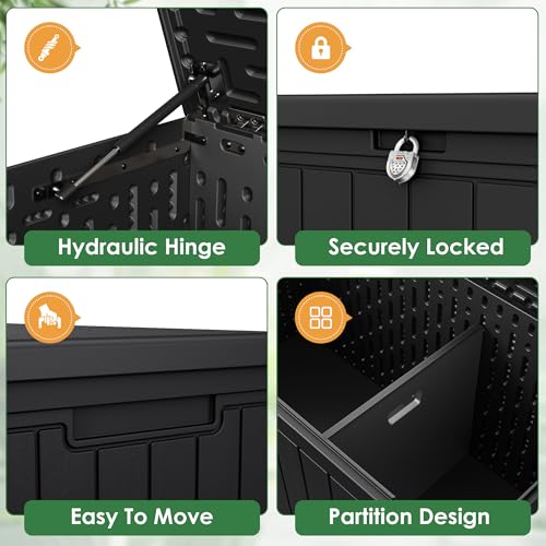 Devoko 160 Gallon Double-Wall Deck Box with Divider, Side Handles, HDPE Outdoor Large Storage Box Waterproof and Lockable for Patio Furniture, Garden, Pool (Black, 160 Gallon) - color: Black, size: 160 Gallon 1 Pack
