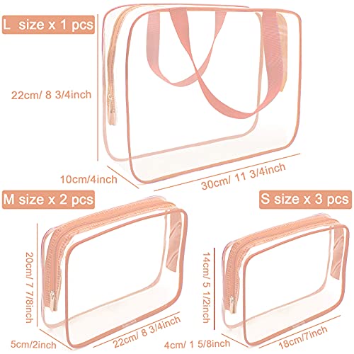APREUTY Clear Makeup Bags, TSA Approved 6 Pcs Cosmetic Makeup Bags Set Clear PVC with Zipper Handle Portable Travel Luggage Pouch Airport Airline Vacation Organization (Pink) - color: Pink-6PCS (Large+Medium+Small)