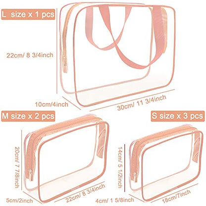 APREUTY Clear Makeup Bags, TSA Approved 6 Pcs Cosmetic Makeup Bags Set Clear PVC with Zipper Handle Portable Travel Luggage Pouch Airport Airline Vacation Organization (Pink) - color: Pink-6PCS (Large+Medium+Small)