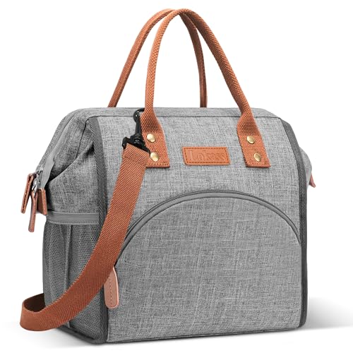 LOKASS Lunch Bag Insulated Lunch Box Wide-Open Lunch Tote Bag Large Drinks Holder Durable Nylon Snacks Organizer with Removable Shoulder Strap for Women Men Adults Work Outdoor,Grey - color: Misty Light Gray