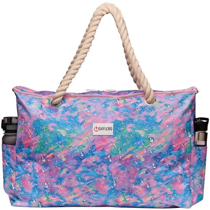 Beach Bag and Pool Bag Has Cooler Pocket, 7 Pockets Total, Zip Top. Family Size Waterproof Beach Tote - color: Northern Lights
