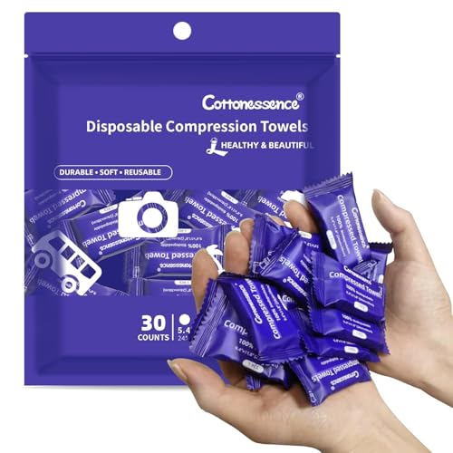 Cottonessence Premium Compressed Towels (30 count) - 30 Count (Pack of 1), 9.4" x 11.8", Portable Cotton Wipes Tablets, Individually Wrapped Coin Tissues for Travel Camping Hiking Outdoor Beauty Salon - size: 30 Count (Pack of 1)
